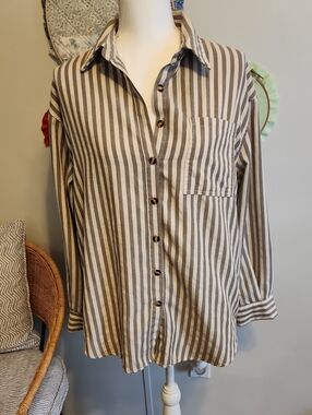 Striped Button-Up Shirt in Beige and White